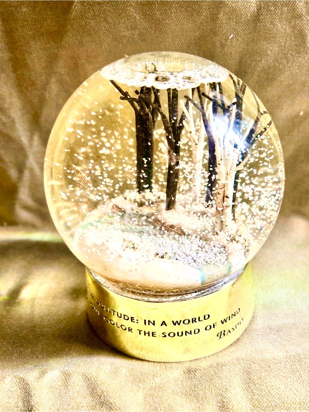 Big Trike  Snow Globe Winter Forest Basho Quote Glass Paperweight Gold Base